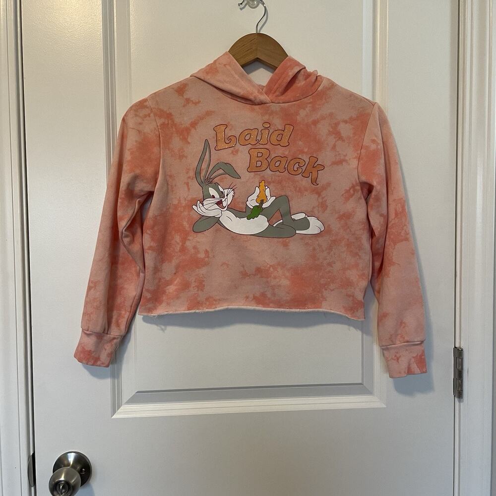 Looney Tunes Girls Tye Dye Shimmer Glitter Pullover Cropped Hoodie Bugs Bunny Lg